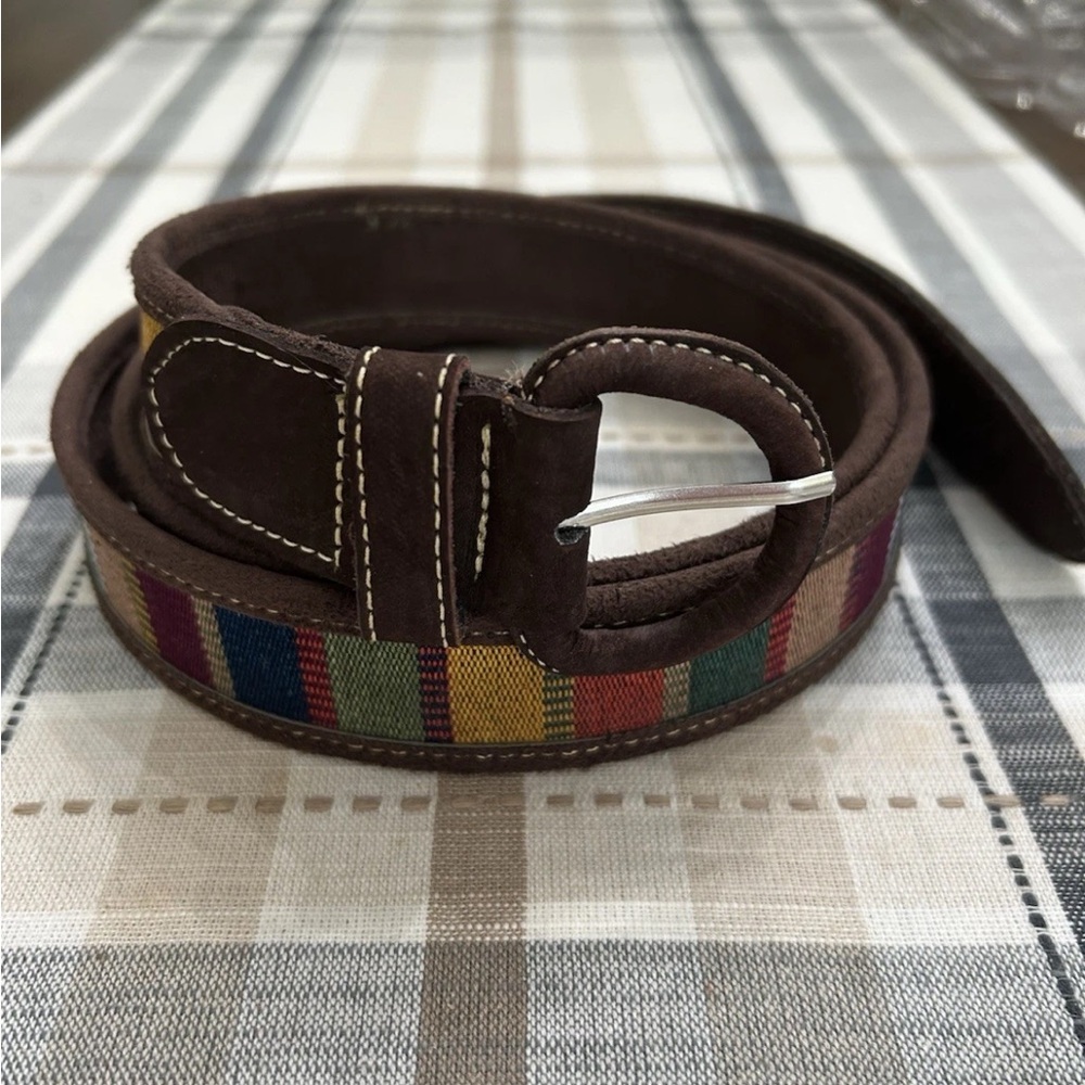 Unisex Hand Made Leather Belt With Earth Tone Mayan Weave Size 44